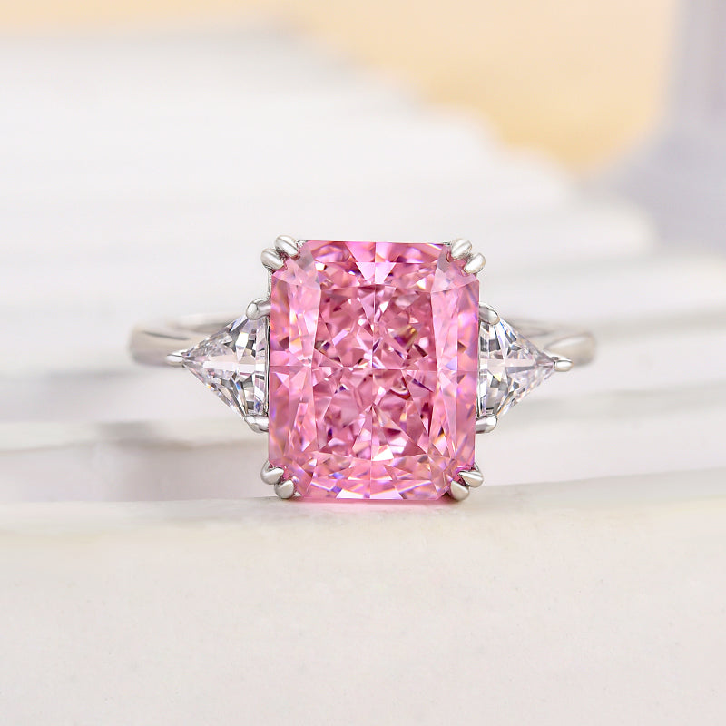 Lovely Radiant Cut Three Stone Pink Stone Engagement Ring