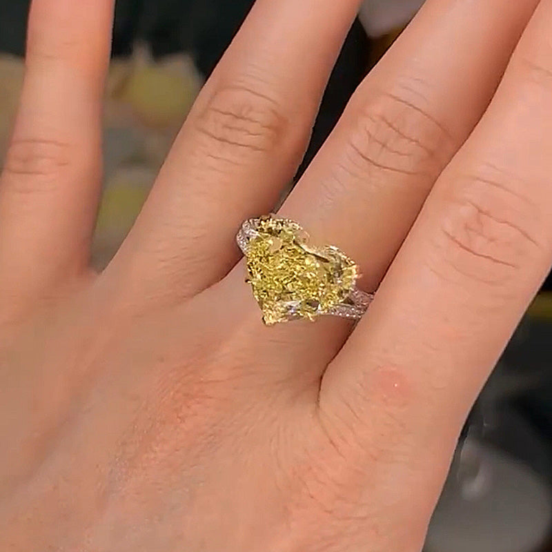 Ahabobo Exquisite Yellow Stone Heart Cut Two Tone Engagement Ring