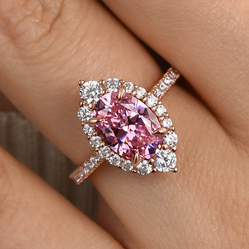 Ahabobo Pink Stone Rose Gold Halo Oval Cut Engagement Ring