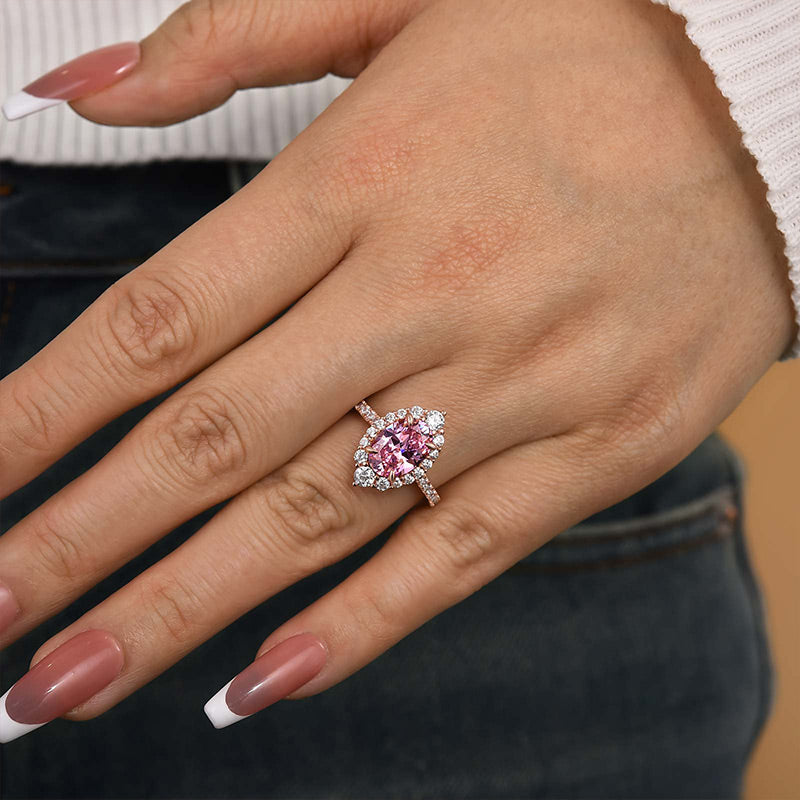 Ahabobo Pink Stone Rose Gold Halo Oval Cut Engagement Ring