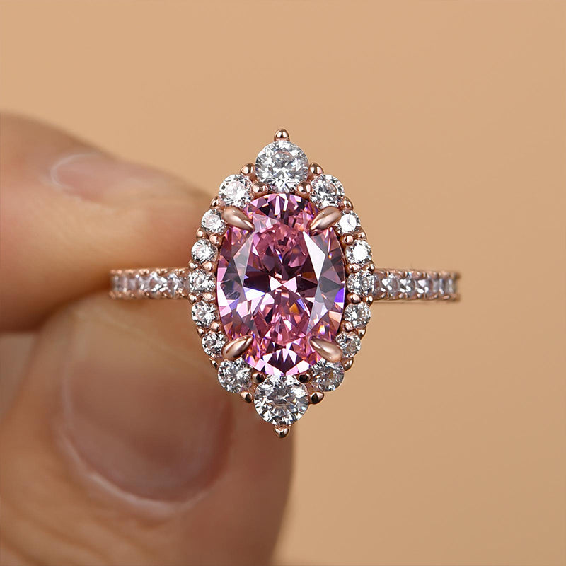 Ahabobo Pink Stone Rose Gold Halo Oval Cut Engagement Ring