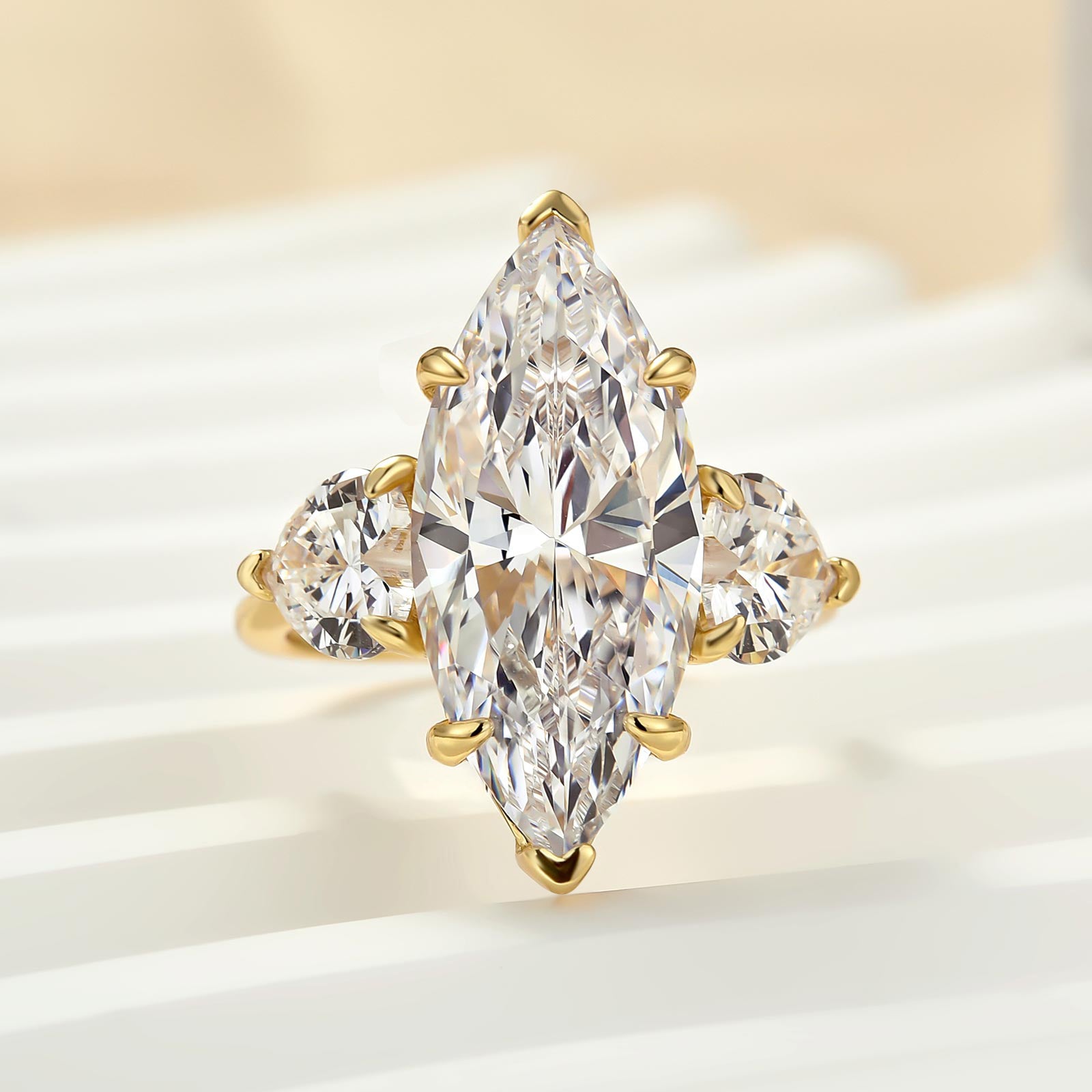 6.5Ct Marquise Cut Three Stone Yellow Gold Engagement Ring In Sterling Silver