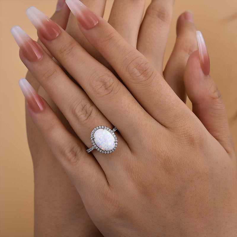 Ahabobo Unique Opal Stone Halo Oval Cut Engagement Ring