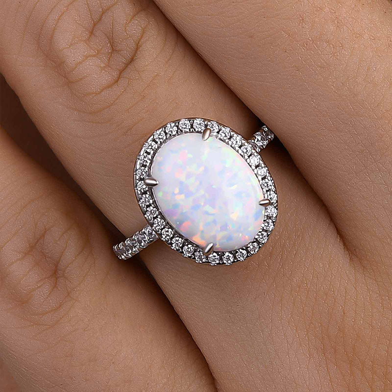 Ahabobo Unique Opal Stone Halo Oval Cut Engagement Ring