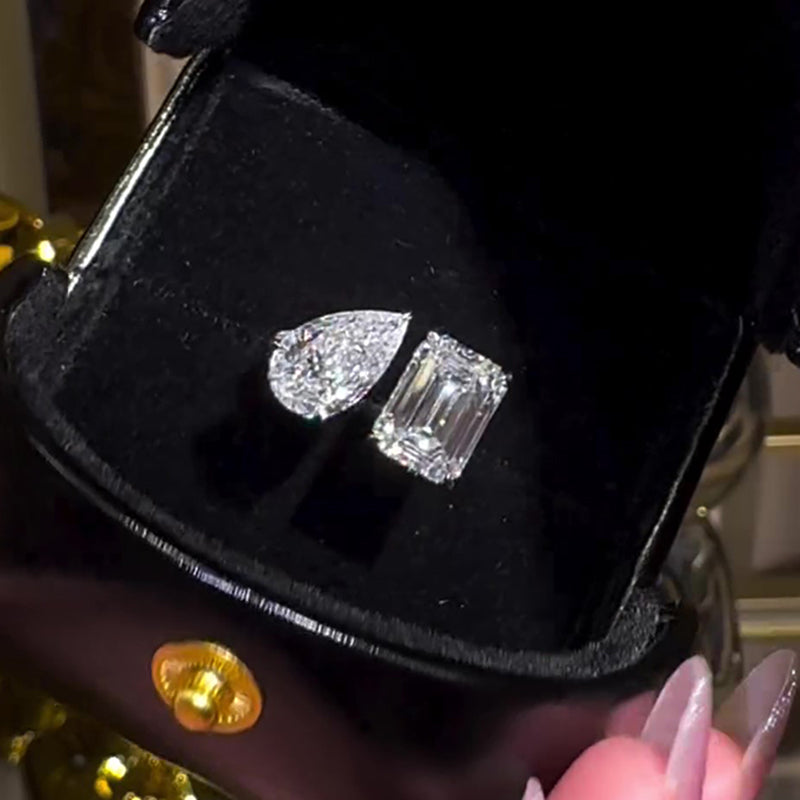 Ahabobo Unique Toi et Moi Design Emerald Cut & Pear Cut Engagement Ring