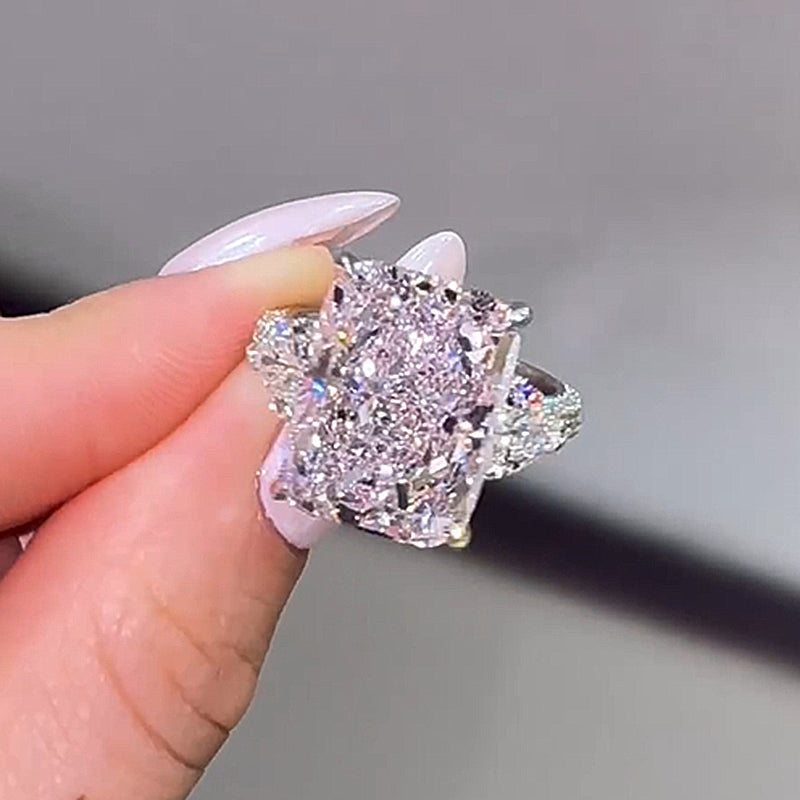 Ahabobo Pink Stone Radiant Cut Three Stone Engagement Ring