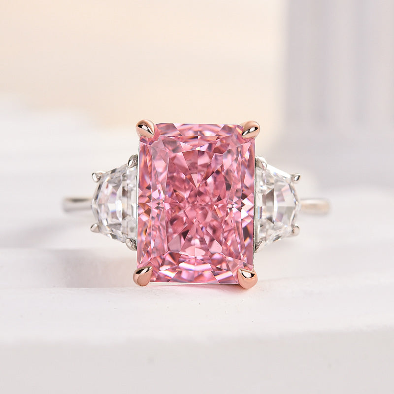 Maxine Gorgeous Pink Stone Radiant Cut Three Stone Engagement Ring