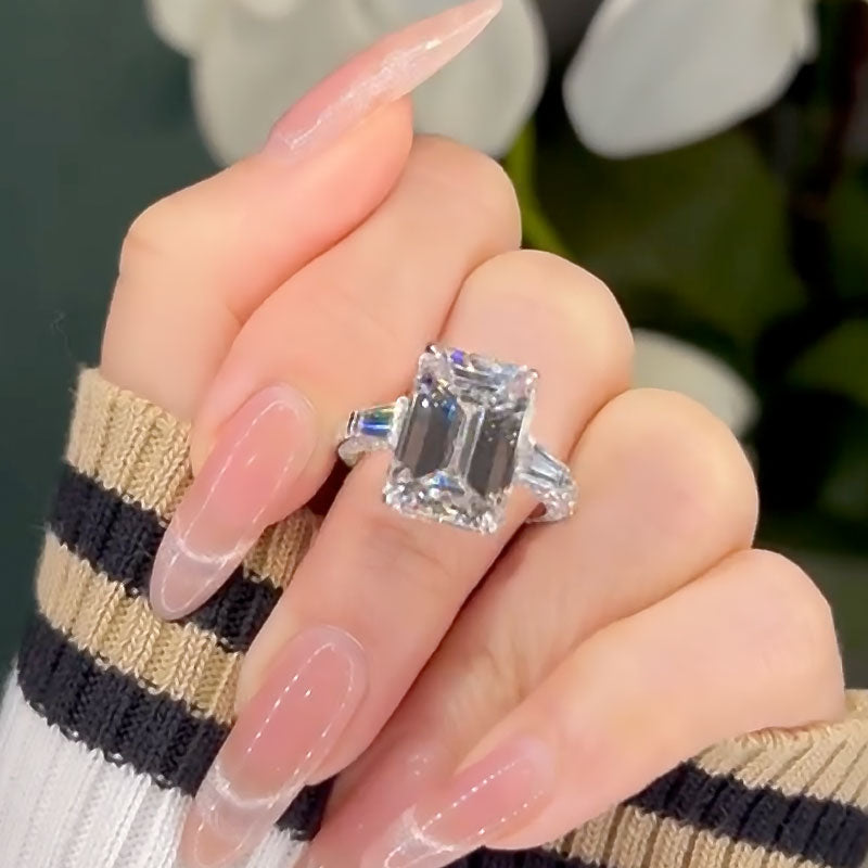 Ahabobo 7.5Ct Emerald Cut Three Stone Engagement Ring In Sterling Silver