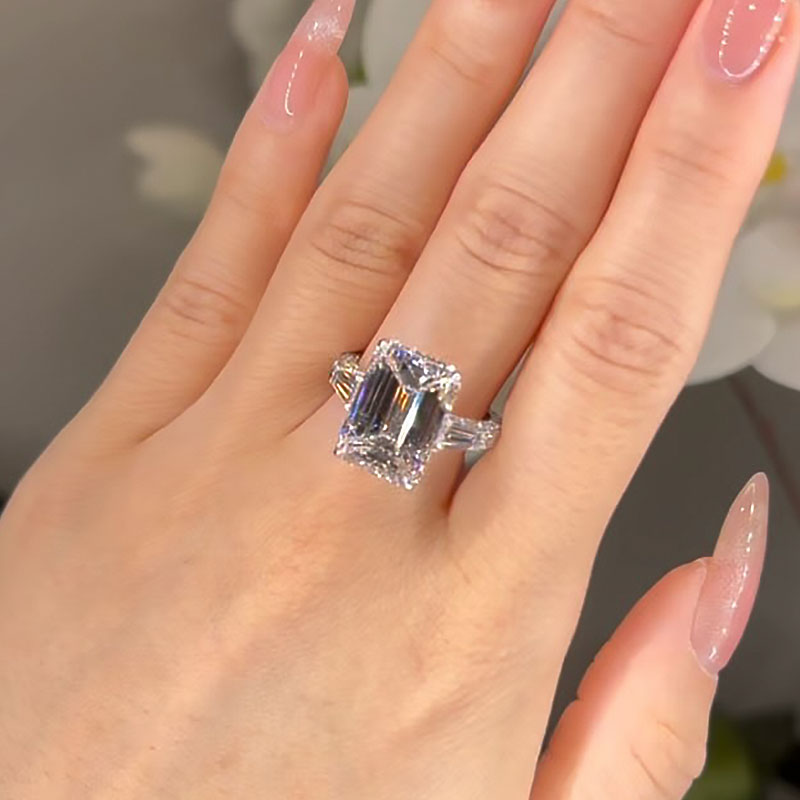 Ahabobo 7.5Ct Emerald Cut Three Stone Engagement Ring In Sterling Silver