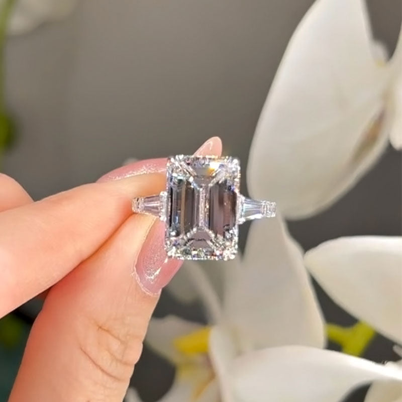 Ahabobo 7.5Ct Emerald Cut Three Stone Engagement Ring In Sterling Silver