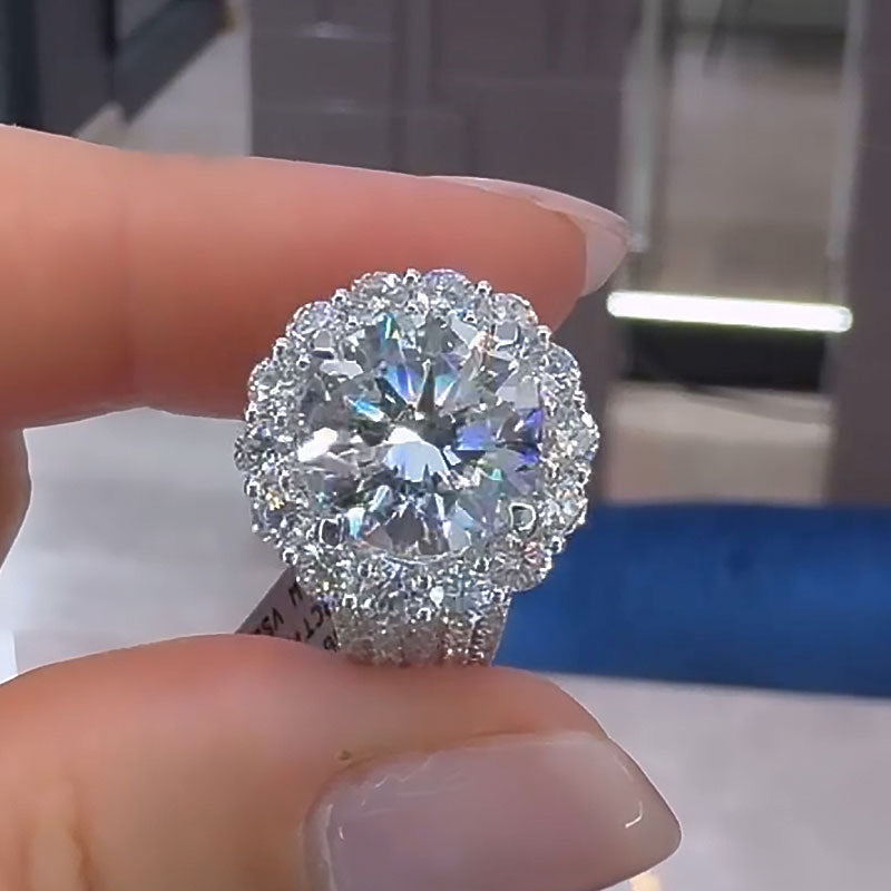 Ahabobo Unique Halo Design Round Cut Engagement Ring In Sterling Silver