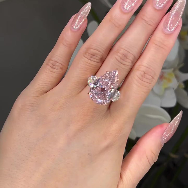 Ahabobo Lovely Pink Stone 8.0Ct Pear Cut Sapphire Three Stone Engagement Ring