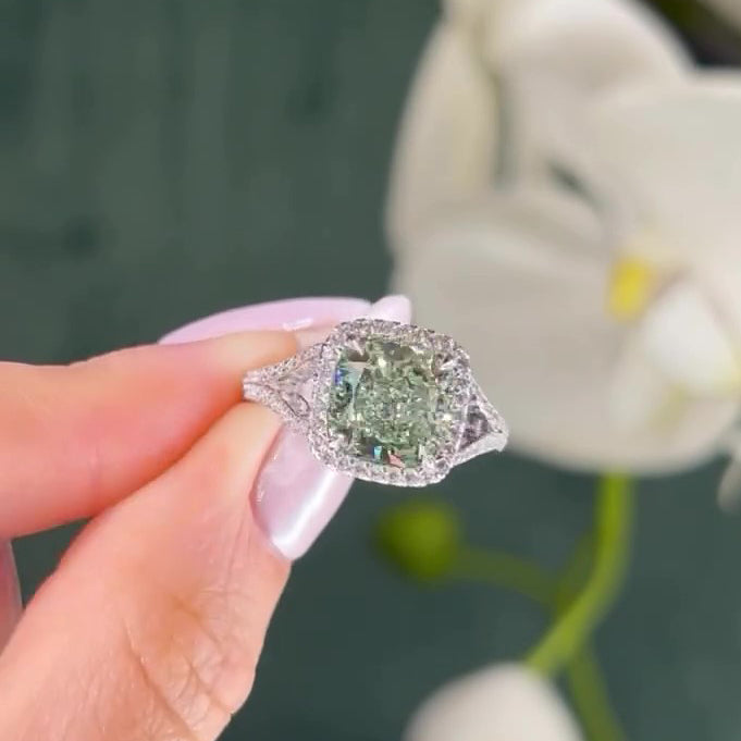 Ahabobo Vintage Green Stone Split Shank Cushion Cut Engagement Ring