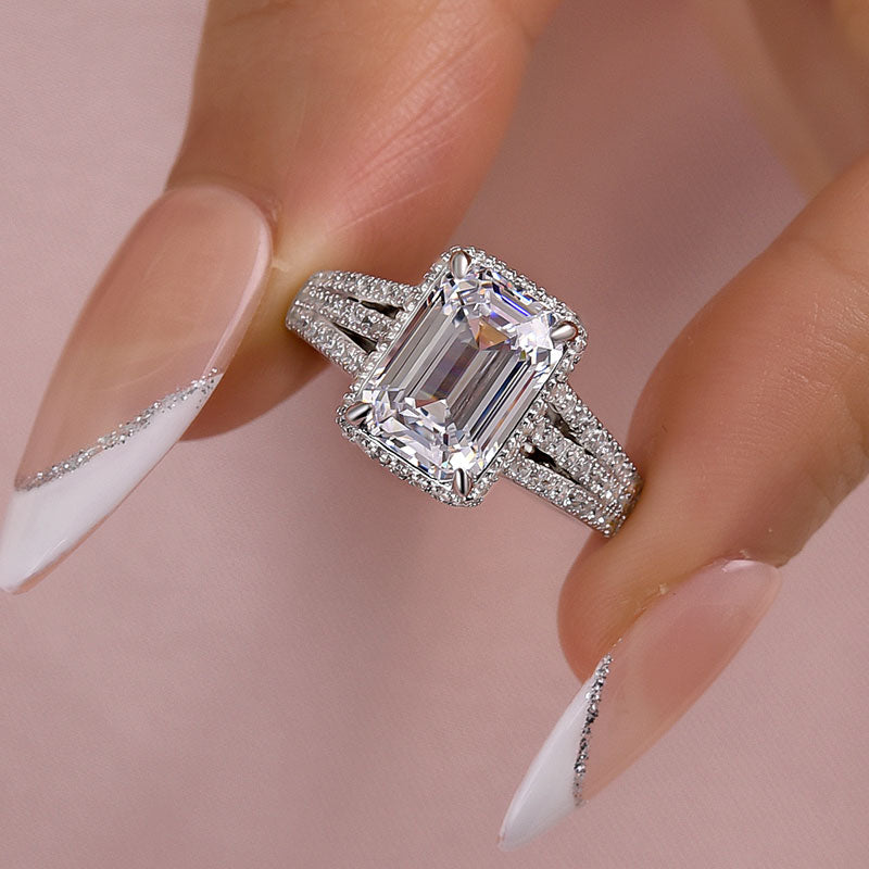 Ahabobo Exclusive Split Shank Emerald Cut Engagement Ring In Sterling Silver