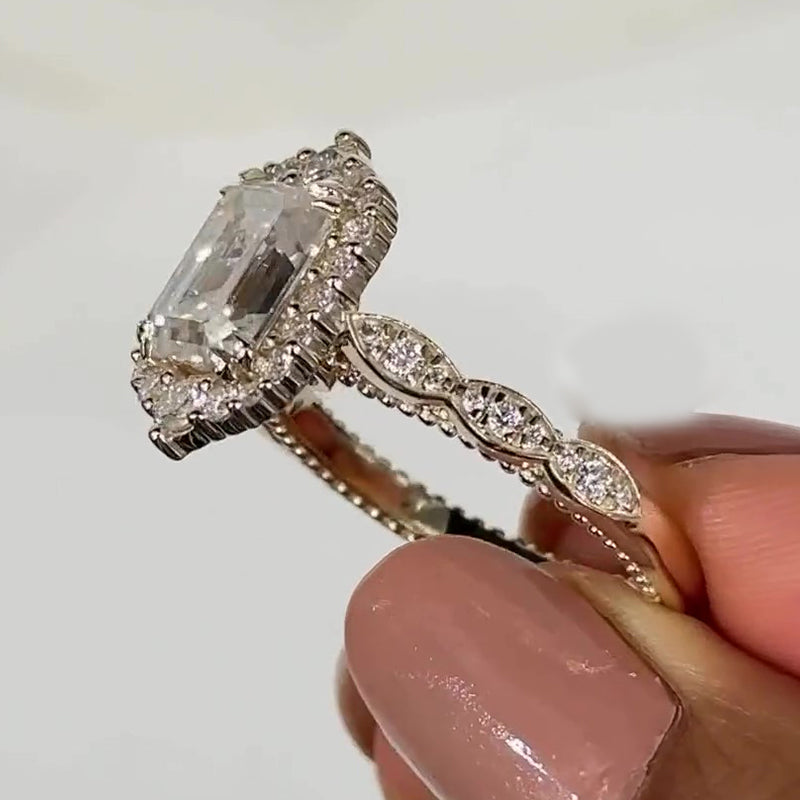 Ahabobo Vintage Halo Emerald Cut Engagement Ring In Sterling Silver
