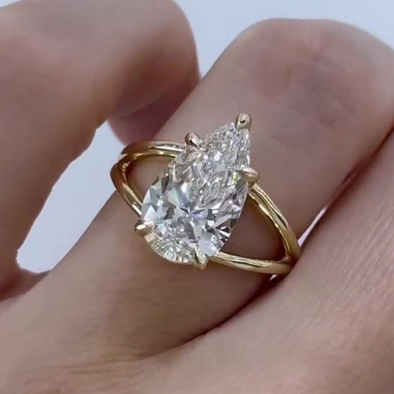 Ahabobo Yellow Gold Split Shank Pear Cut Engagement Ring In Sterling Silver