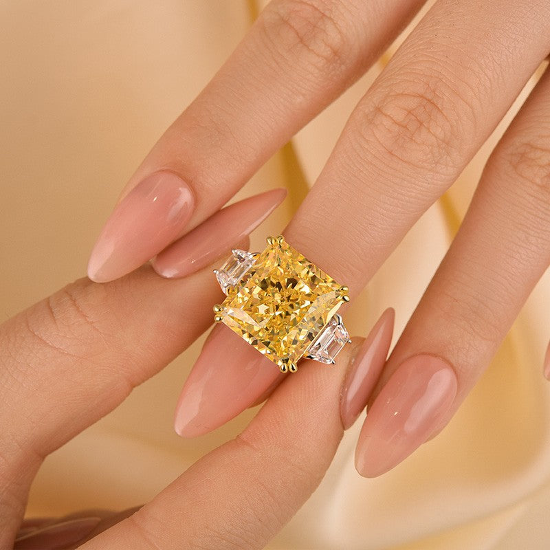 Luxurious Yellow Stone Radiant Cut Three Stone Engagement Ring In Sterling Silver
