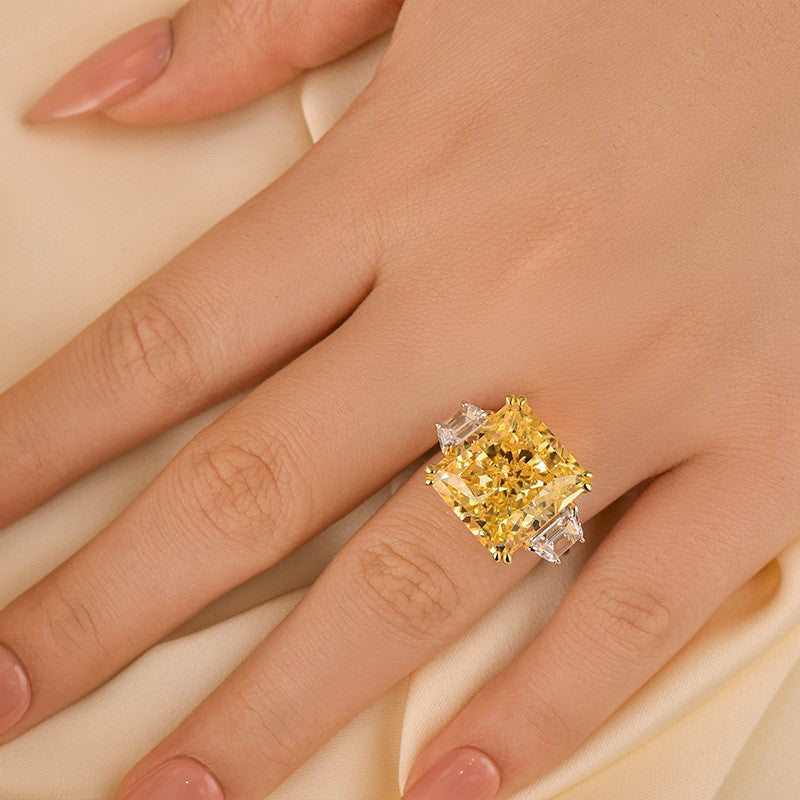 Luxurious Yellow Stone Radiant Cut Three Stone Engagement Ring In Sterling Silver