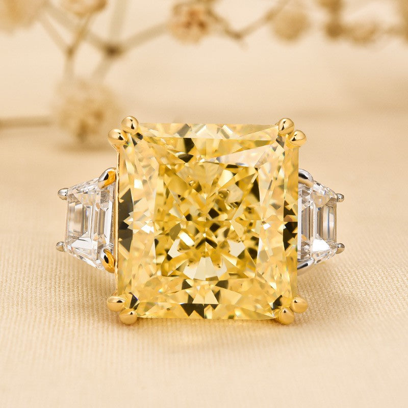 Luxurious Yellow Stone Radiant Cut Three Stone Engagement Ring In Sterling Silver