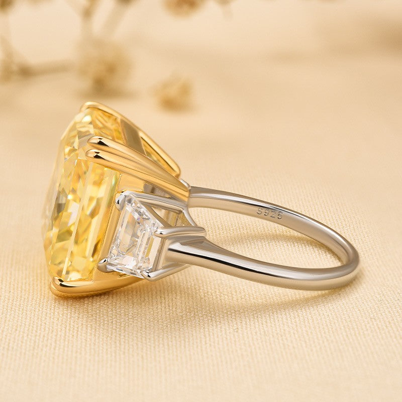 Luxurious Yellow Stone Radiant Cut Three Stone Engagement Ring In Sterling Silver