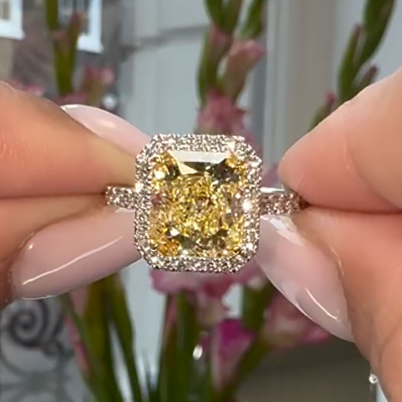 Ahabobo Halo Yellow Stone Radiant Cut Engagement Ring In Sterling Silver