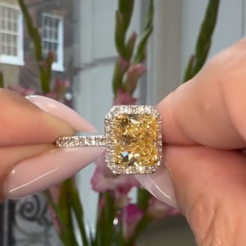 Ahabobo Halo Yellow Stone Radiant Cut Engagement Ring In Sterling Silver