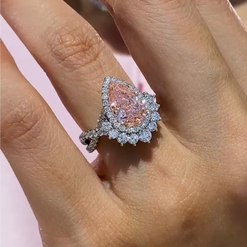 Vintage 4.0Ct Pink Stone Halo Pear Cut Twist Engagement Ring In Sterling Silver