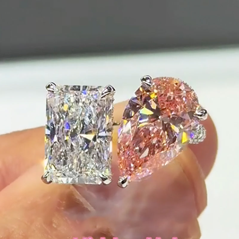 Toi et Moi Pink White Stone Radiant Cut Pear Cut Engagement Ring Travel Ring For Women