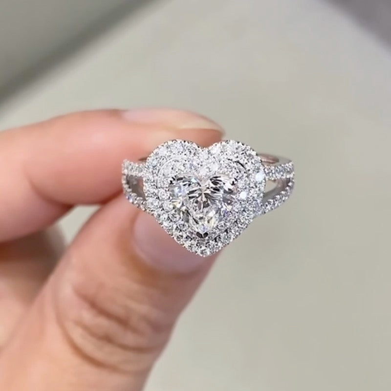 2.0Ct Halo Heart Cut Promise Ring Split Shank Travel Ring In Sterling Silver