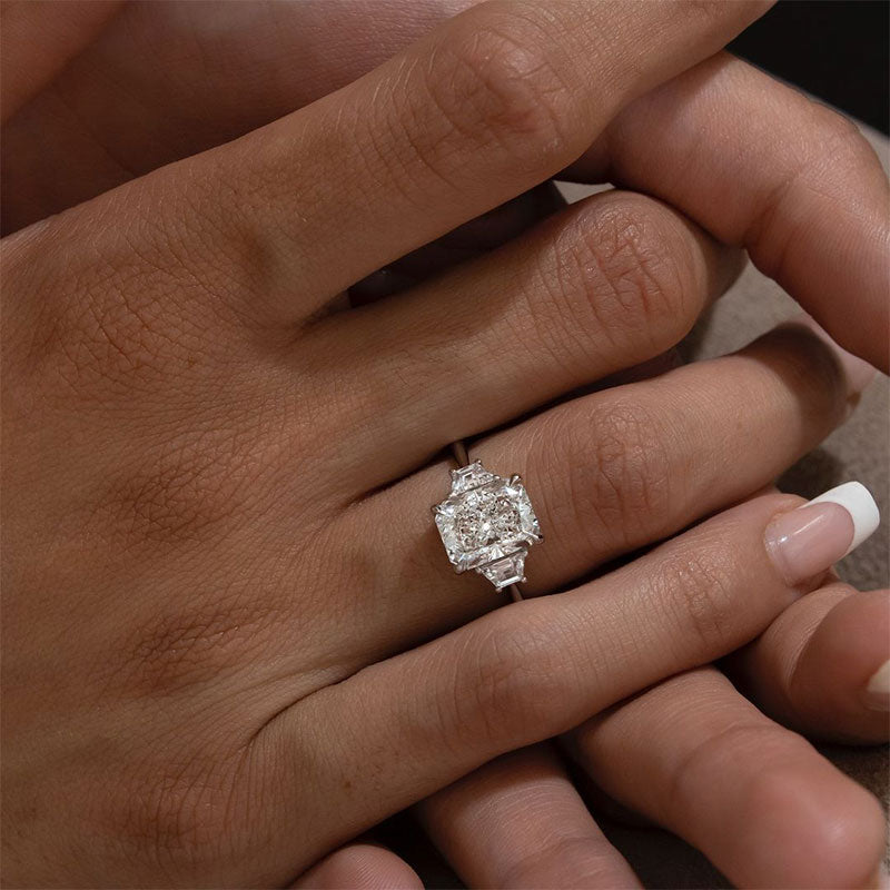 Eternity Three Stone Radiant Cut Sona Simulated Diamond Engagement Ring In Sterling Silver
