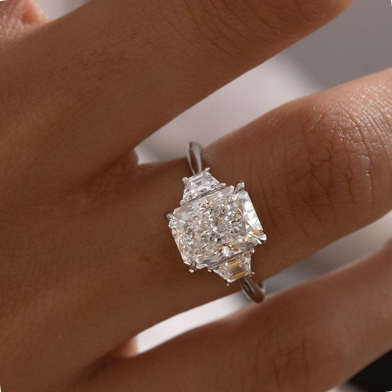 Eternity Three Stone Radiant Cut Sona Simulated Diamond Engagement Ring In Sterling Silver