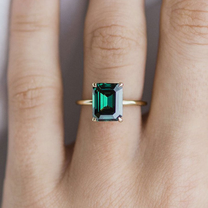 Classic Yellow Gold Emerald Cut Engagement Ring In Sterling Silver