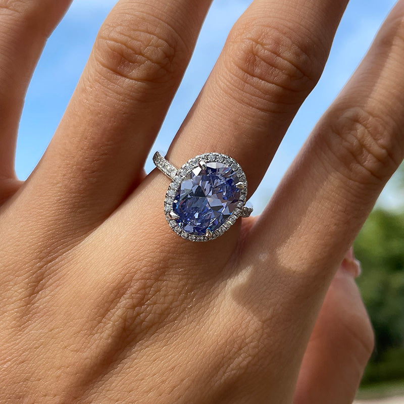 Light Blue Sapphire Halo Oval Cut Engagement Ring for Women In Sterling Silver