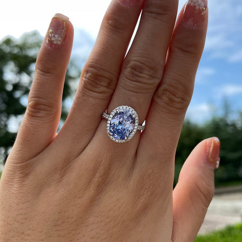 Light Blue Sapphire Halo Oval Cut Engagement Ring for Women In Sterling Silver