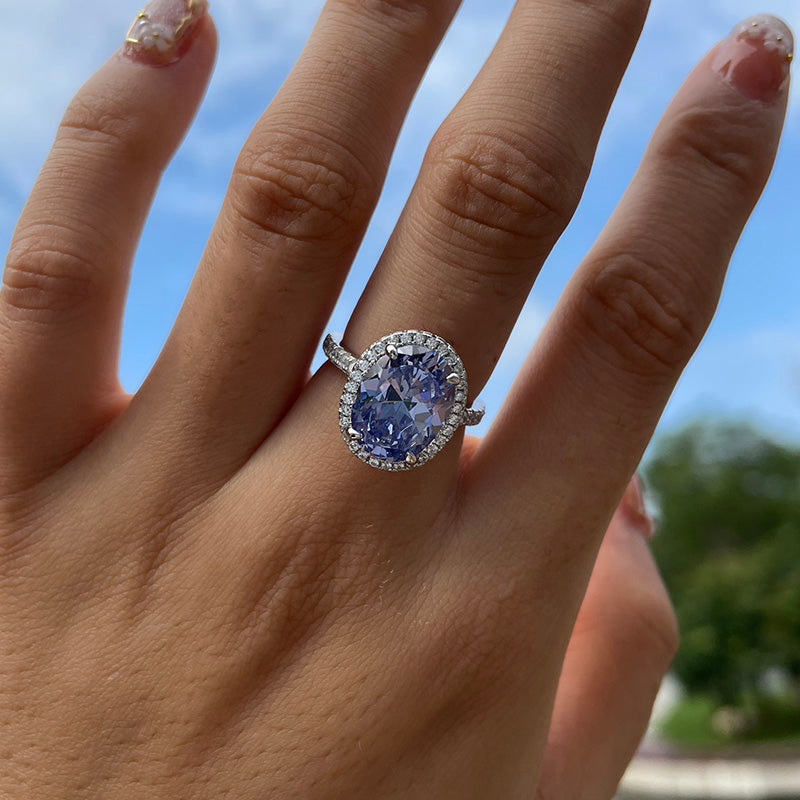 Light Blue Sapphire Halo Oval Cut Engagement Ring for Women In Sterling Silver