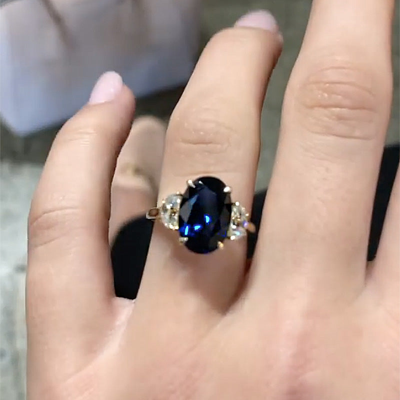 Yellow Gold 3.5 Carat Blue Sapphire Oval Cut Three Stone Engagement Ring