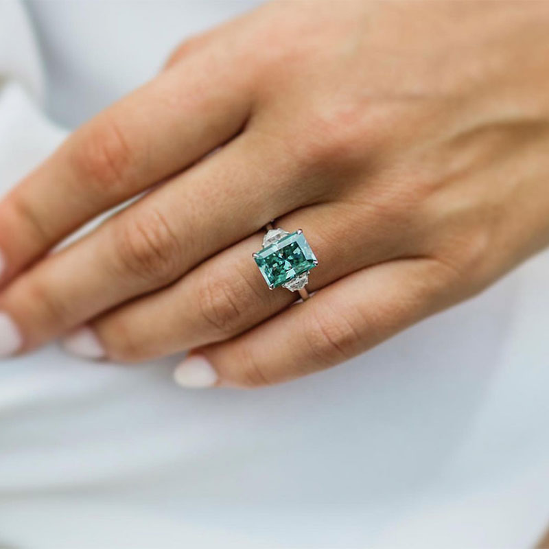 Gorgeous Paraiba Tourmaline Radiant Cut Three Stone Engagement Ring