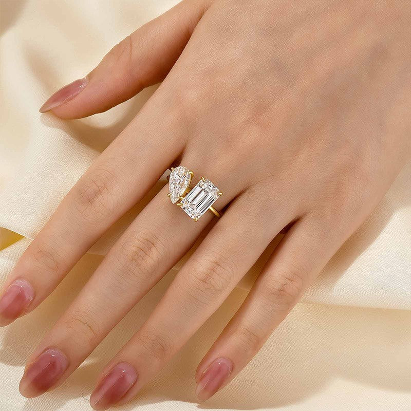 Unique Double Stones Design Emerald Cut & Pear Cut Engagement Ring In Sterling Silver