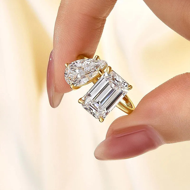 Unique Double Stones Design Emerald Cut & Pear Cut Engagement Ring In Sterling Silver