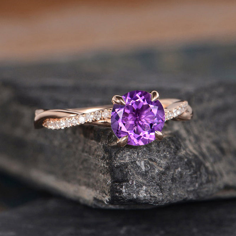 Rose Gold Twist Round Cut Amethyst Purple Promise Ring For Her