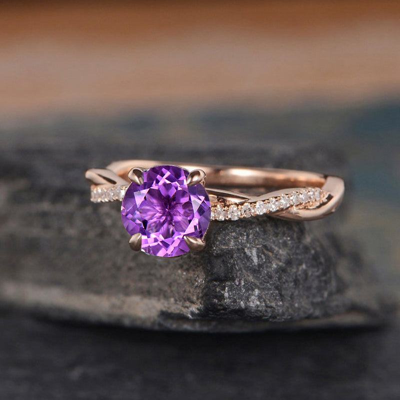 Rose Gold Twist Round Cut Amethyst Purple Promise Ring For Her