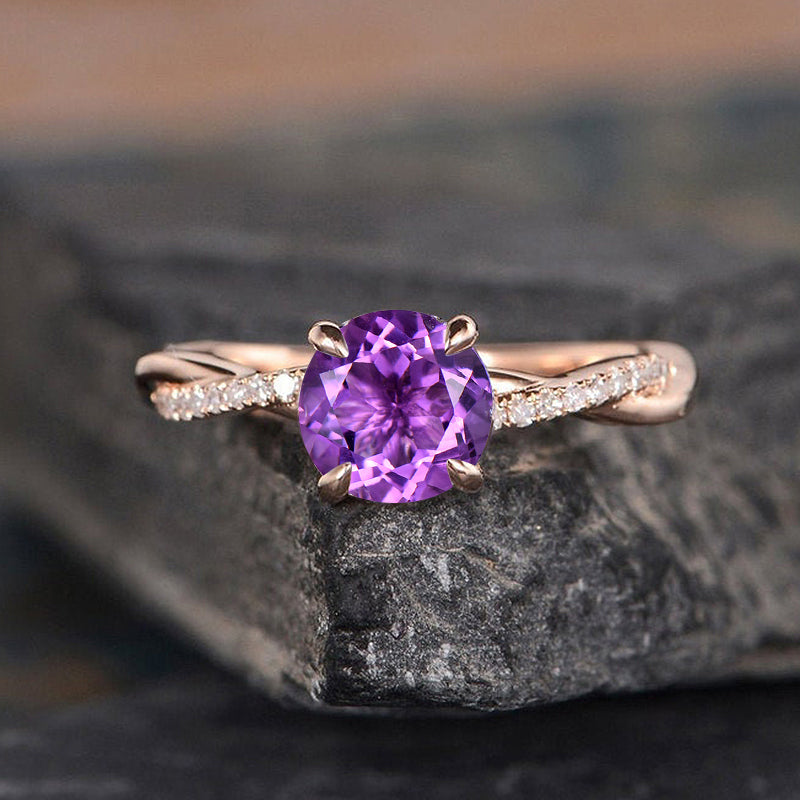Rose Gold Twist Round Cut Amethyst Purple Promise Ring For Her