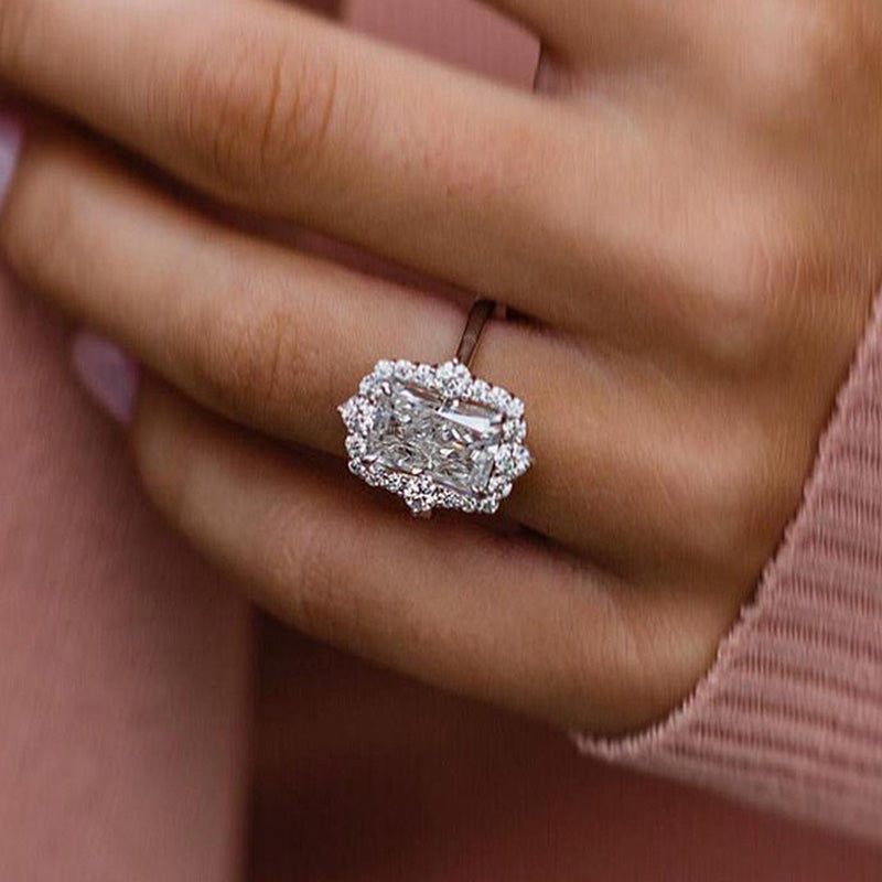 Stunning Halo Radiant Cut Simulated Diamond Engagement Ring In Sterling Silver