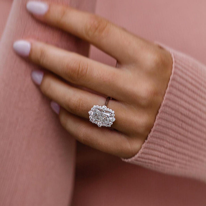 Stunning Halo Radiant Cut Simulated Diamond Engagement Ring In Sterling Silver