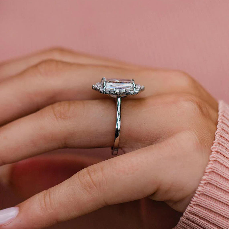 Stunning Halo Radiant Cut Simulated Diamond Engagement Ring In Sterling Silver
