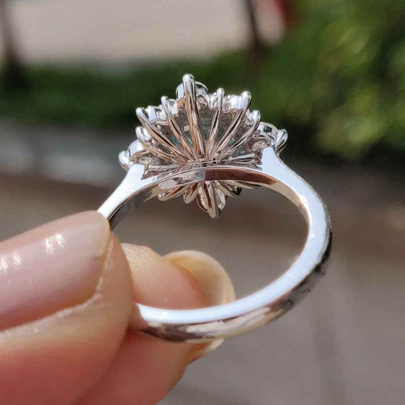 Cyan Blue Moissanite Snowflake Design 2.0 Carat Halo Round Cut Engagement Ring