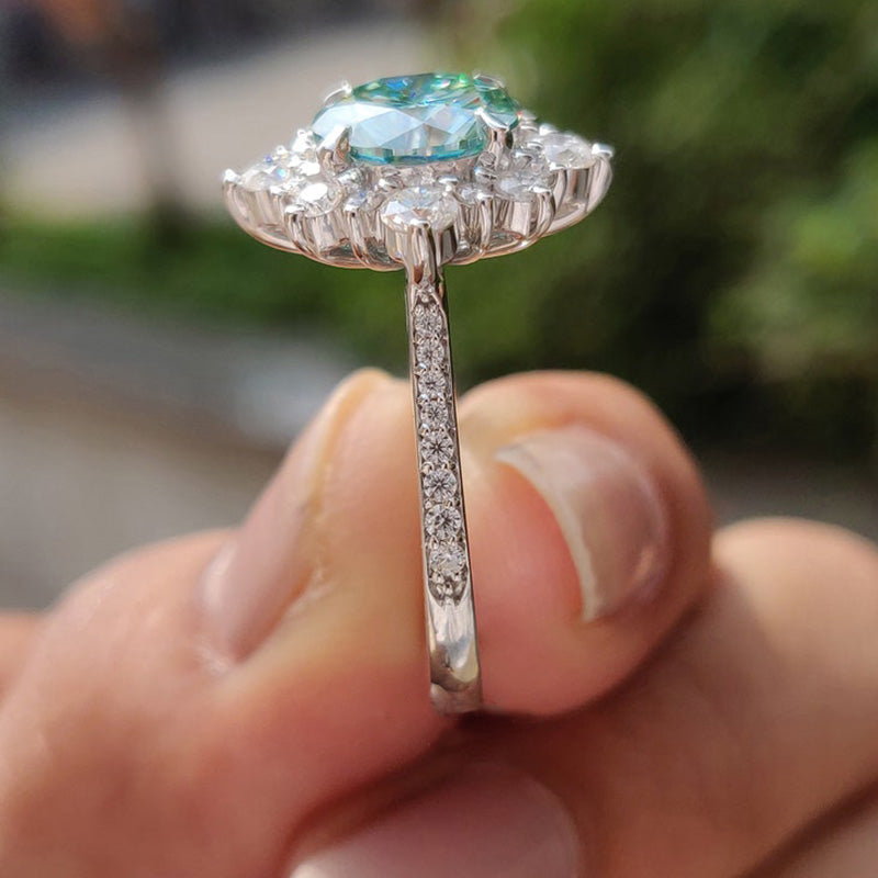 Cyan Blue Moissanite Snowflake Design 2.0 Carat Halo Round Cut Engagement Ring