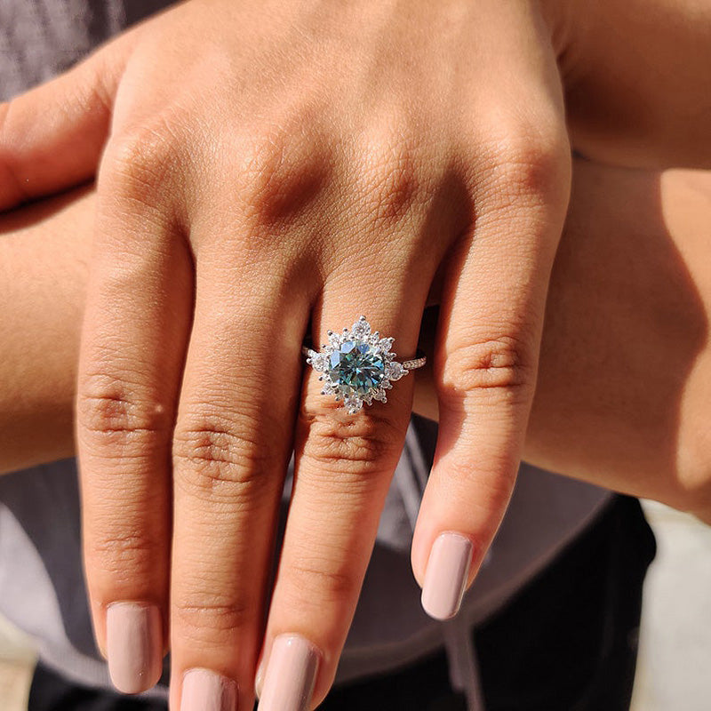 Cyan Blue Moissanite Snowflake Design 2.0 Carat Halo Round Cut Engagement Ring