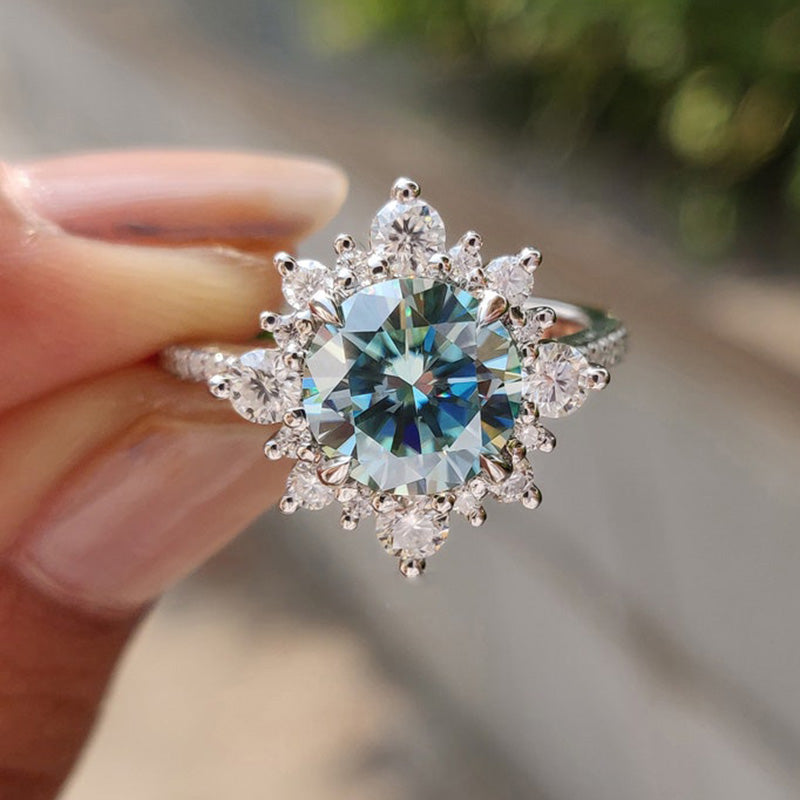 Cyan Blue Moissanite Snowflake Design 2.0 Carat Halo Round Cut Engagement Ring
