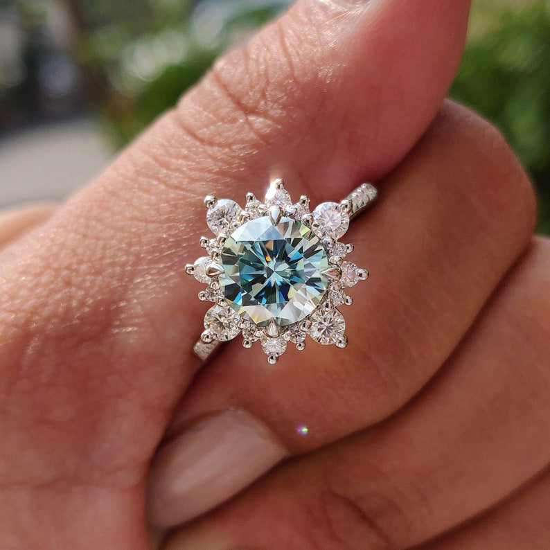 Cyan Blue Moissanite Snowflake Design 2.0 Carat Halo Round Cut Engagement Ring